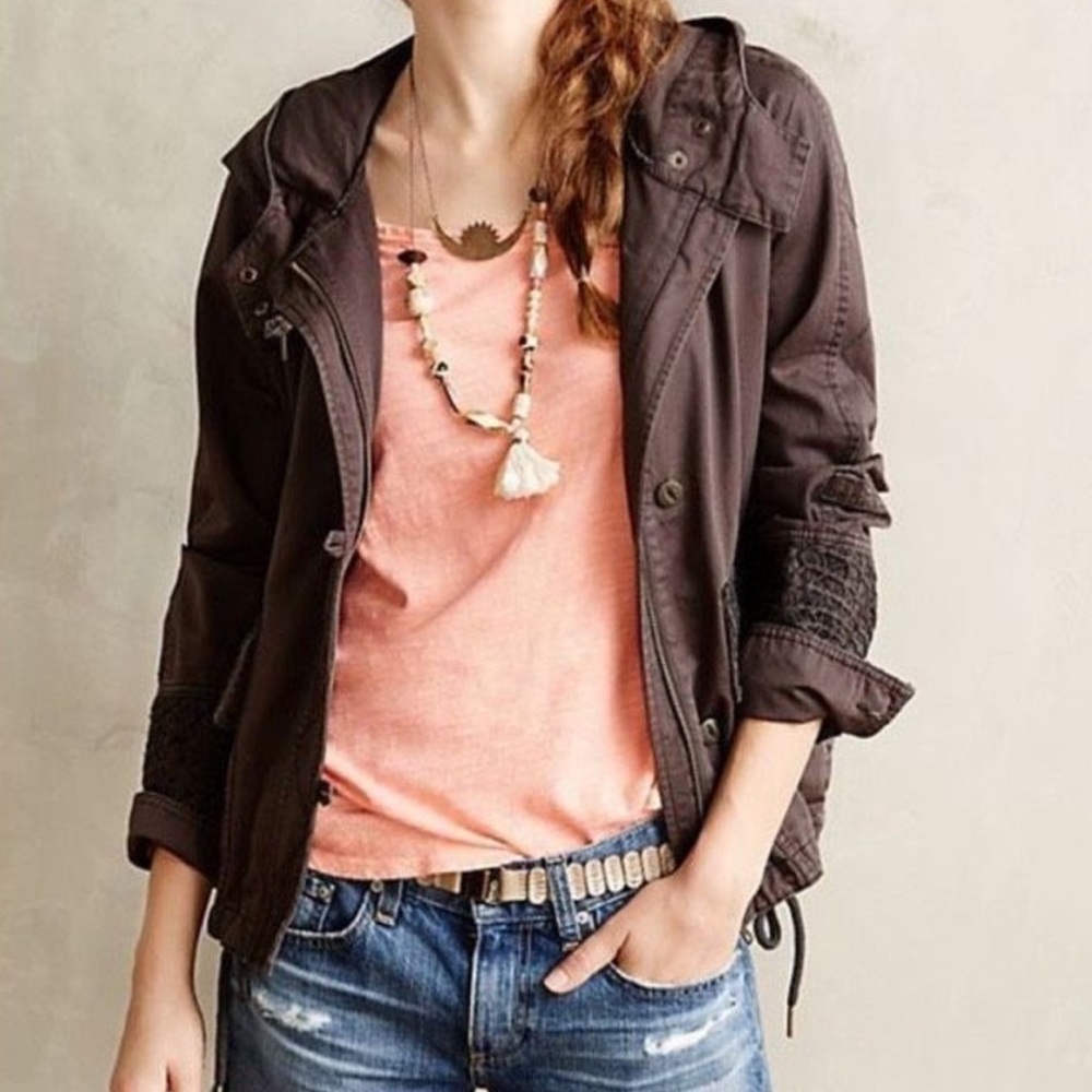 Hei Hei by Anthropologie Faroe Anorak crochet lace trimmed military jacket